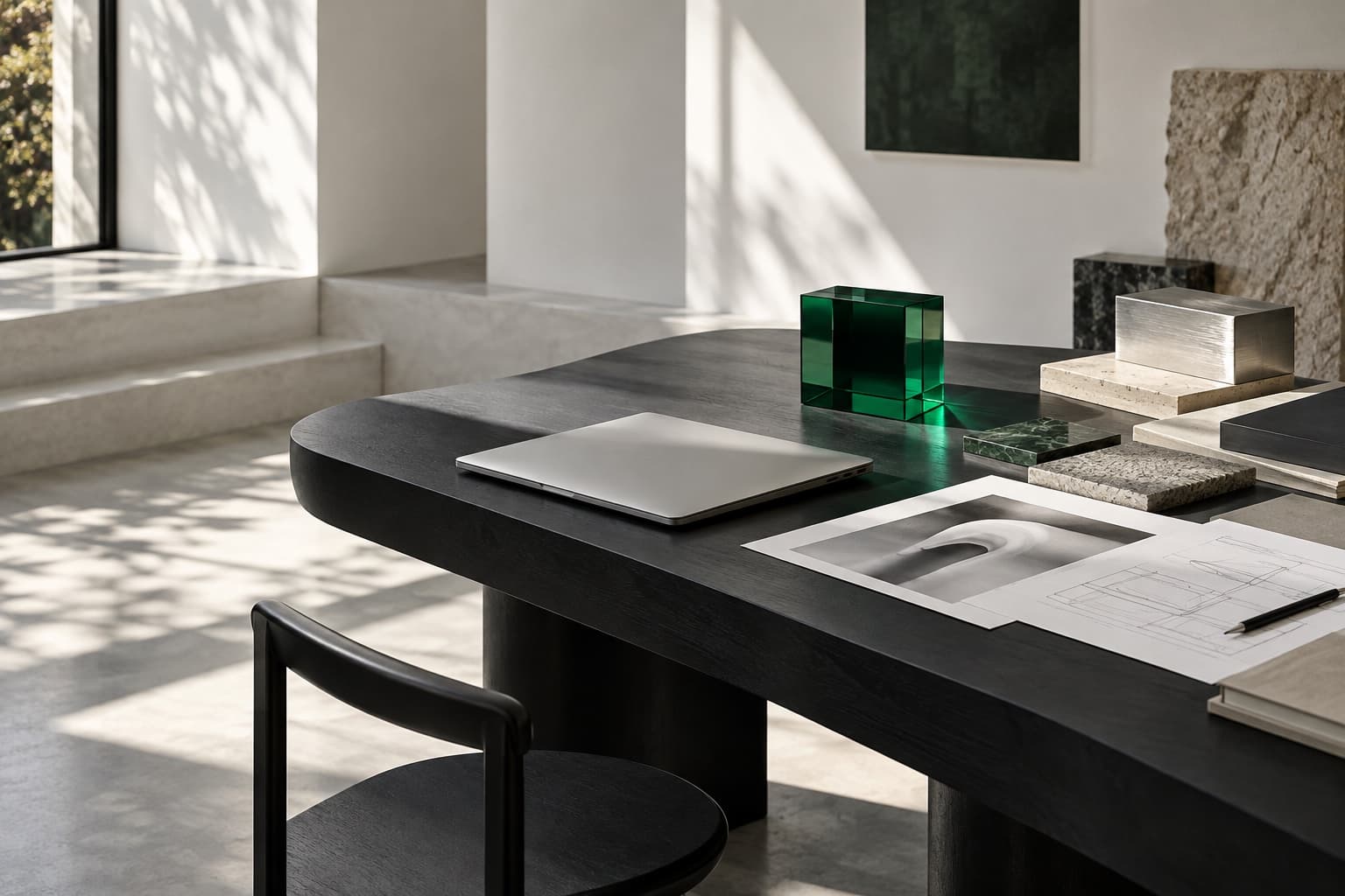 Minimal design studio desk with material samples and a silver laptop
