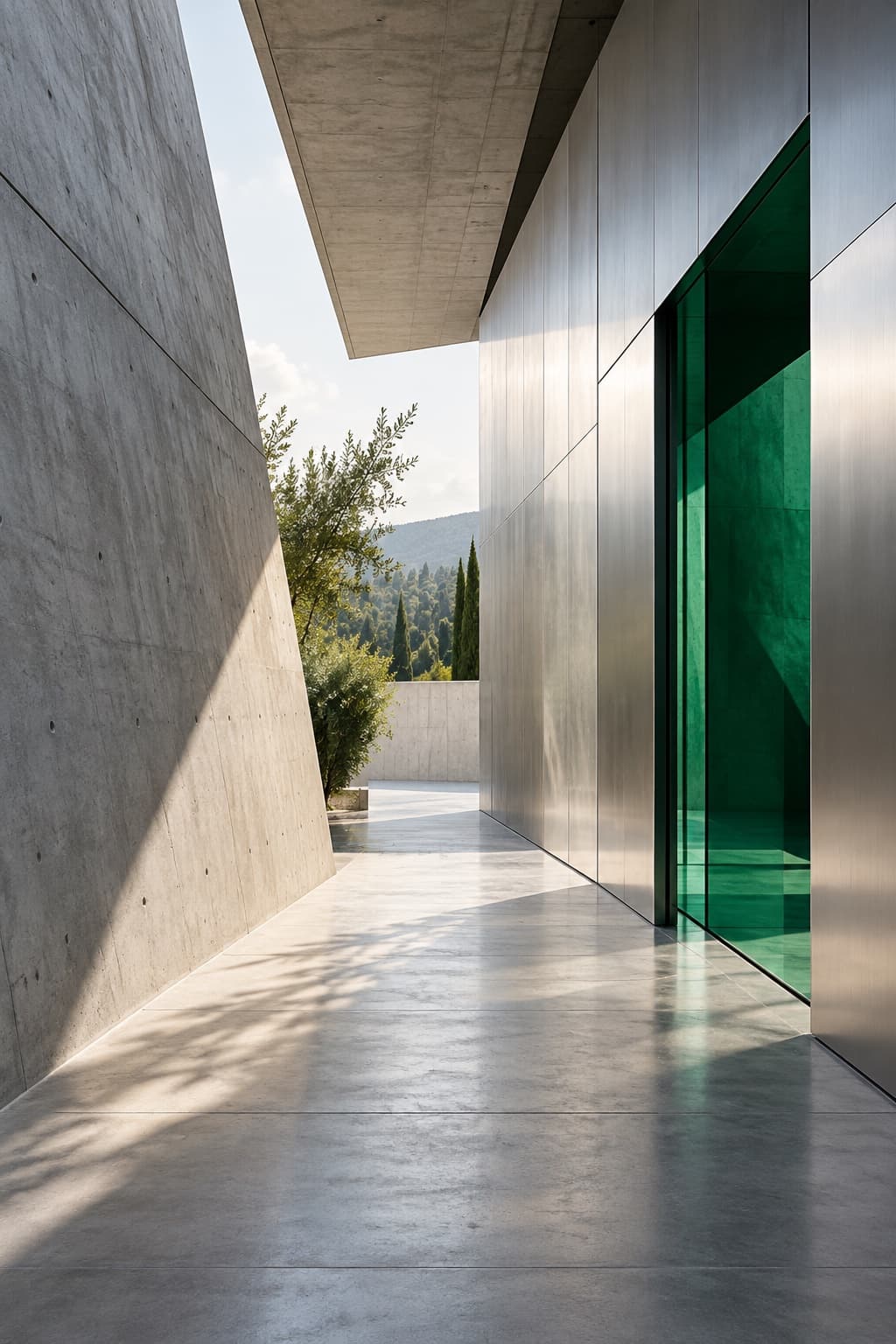 Minimal concrete and metal architecture with an emerald glass doorway